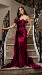 Off-Shoulder Satin Gown with Floral Appliqué