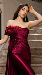 Off-Shoulder Satin Gown with Floral Appliqué
