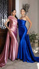Off-Shoulder Satin Gown with Floral Appliqué