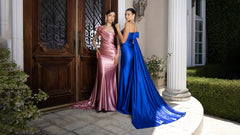 Off-Shoulder Satin Gown with Floral Appliqué
