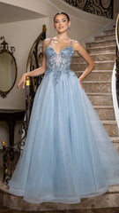 Beaded Applique Tulle Evening Gown by May Queen