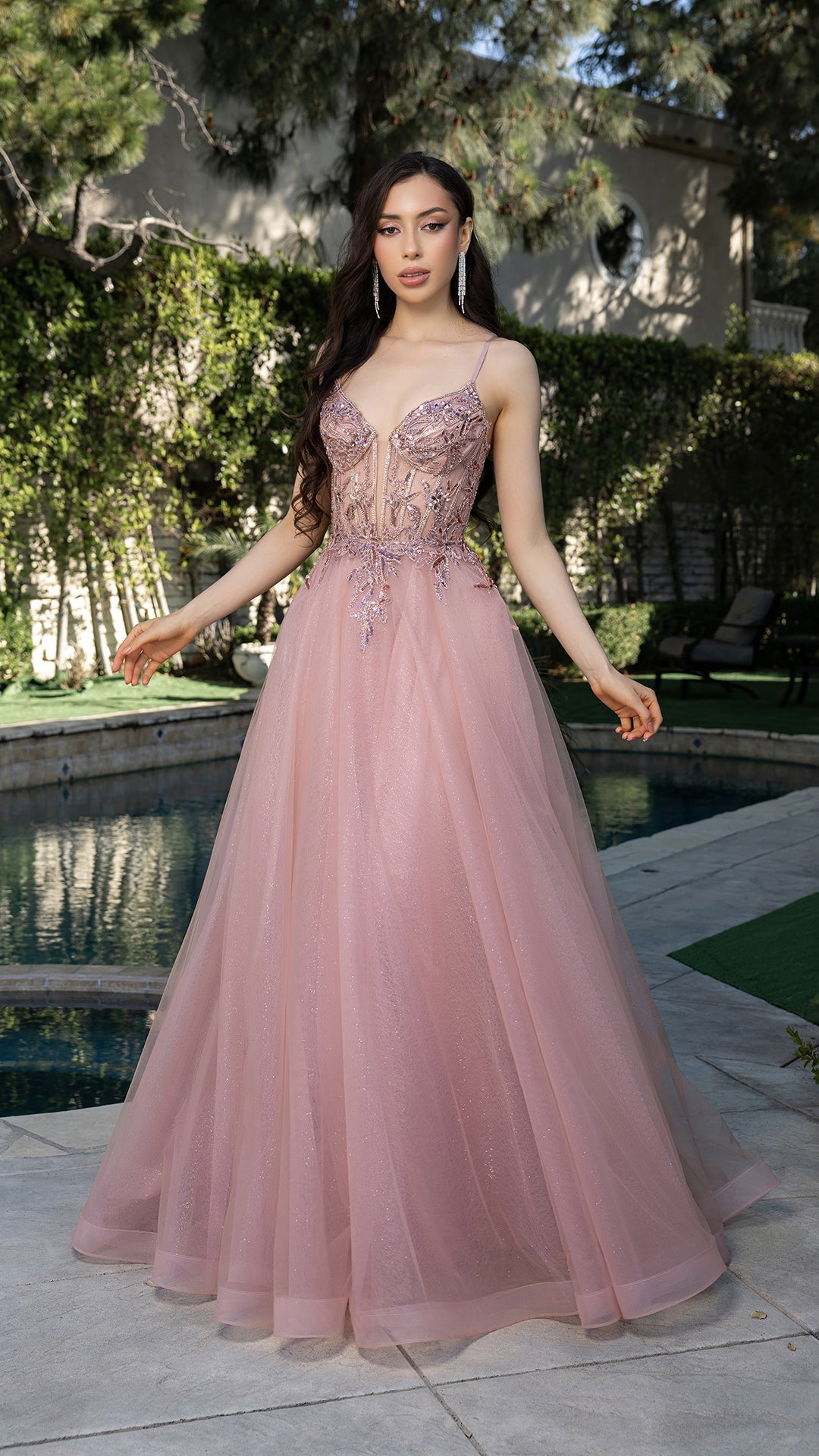 Beaded Applique Tulle Evening Gown by May Queen