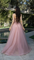 Beaded Applique Tulle Evening Gown by May Queen