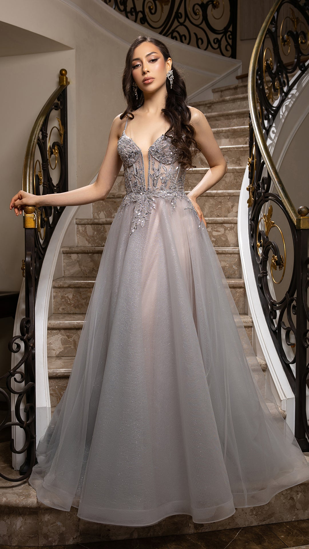 Beaded Applique Tulle Evening Gown by May Queen