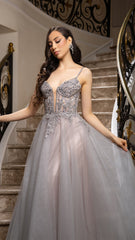 Beaded Applique Tulle Evening Gown by May Queen