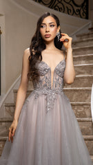 Beaded Applique Tulle Evening Gown by May Queen