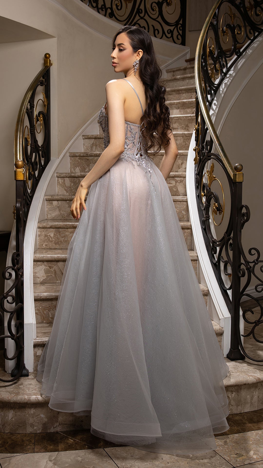 Beaded Applique Tulle Evening Gown by May Queen