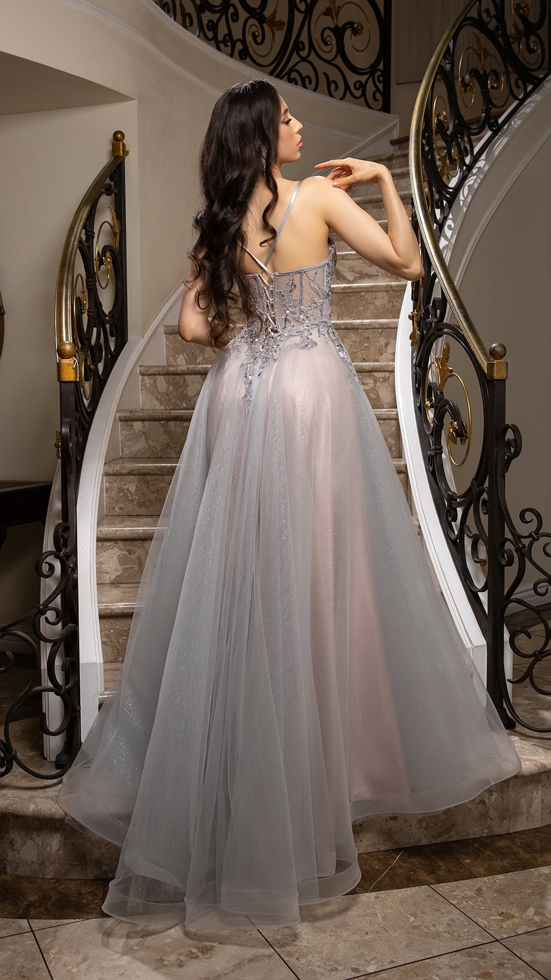 Beaded Applique Tulle Evening Gown by May Queen