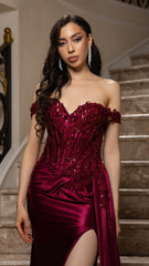 Off-Shoulder Sequin Satin Gown by May Queen MQ2179