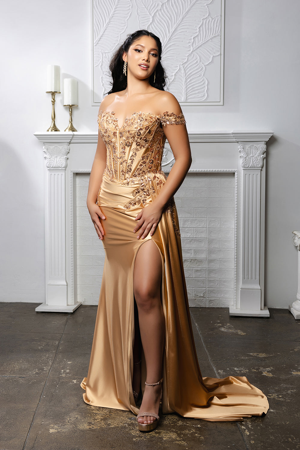 Off-Shoulder Sequin Satin Gown by May Queen MQ2179