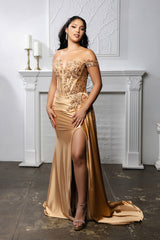 Off-Shoulder Sequin Satin Gown by May Queen MQ2179