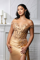 Off-Shoulder Sequin Satin Gown by May Queen MQ2179