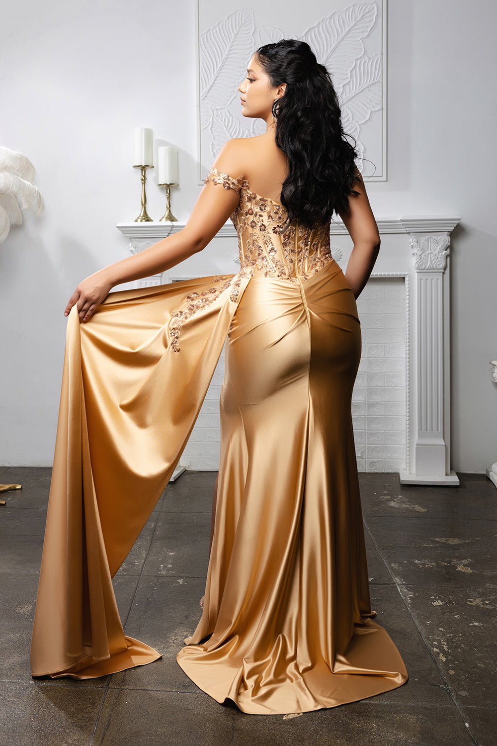 Off-Shoulder Sequin Satin Gown by May Queen MQ2179