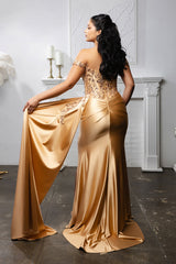 Off-Shoulder Sequin Satin Gown by May Queen MQ2179