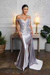 Off-Shoulder Sequin Satin Gown by May Queen MQ2179