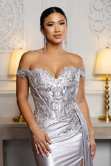 Off-Shoulder Sequin Satin Gown by May Queen MQ2179