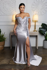 Off-Shoulder Sequin Satin Gown by May Queen MQ2179