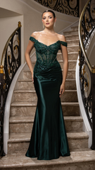 May Queen MQ2180 Off-Shoulder Beaded Gown