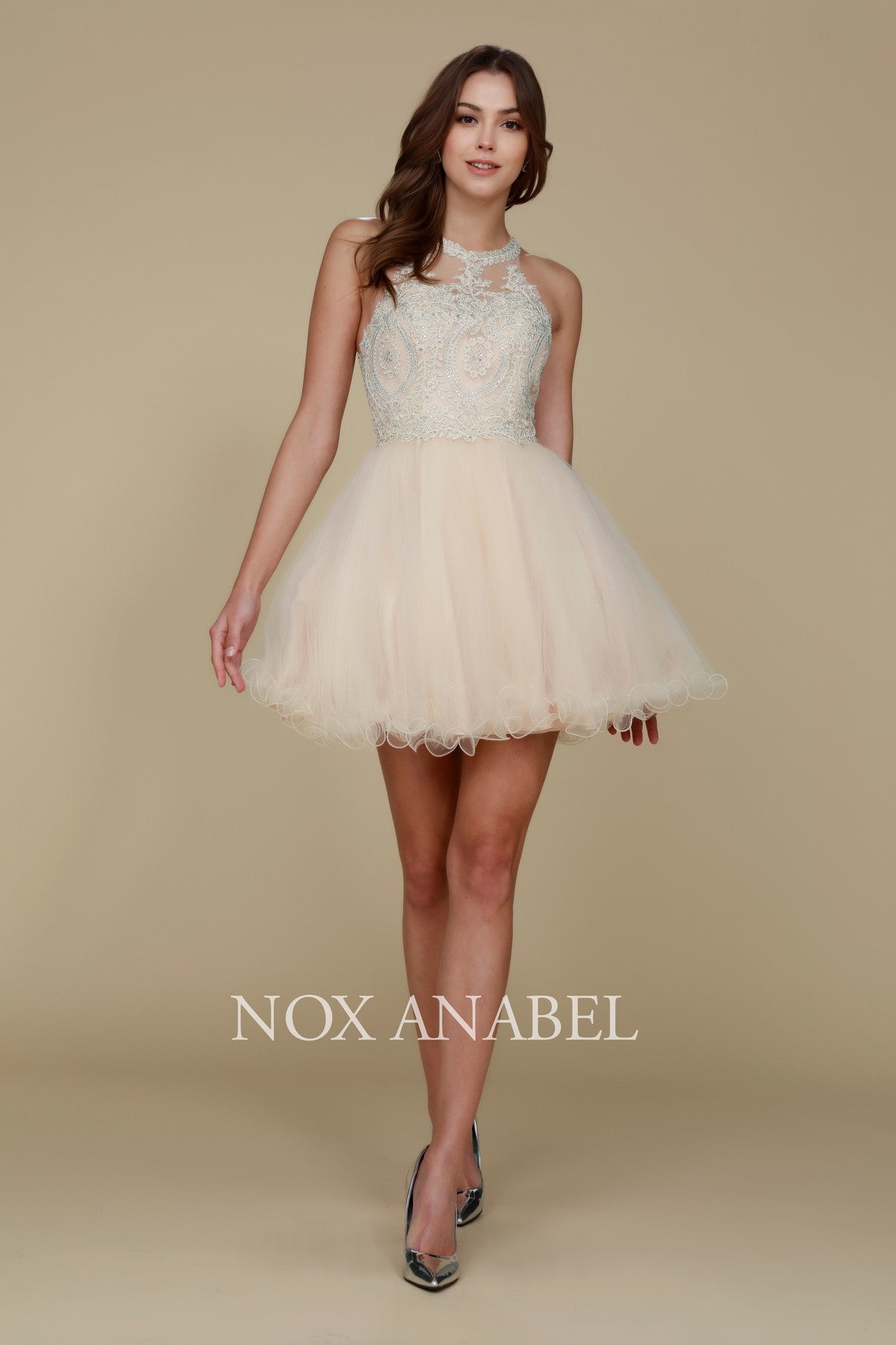 Nox Anabel's B652: Embroidered Lace and Rhinestone Cocktail Dress for Youthful Glamour