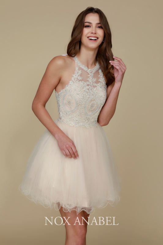 NoxAnabel's B652: Embroidered Lace and Rhinestone Cocktail Dress for Youthful Radiance