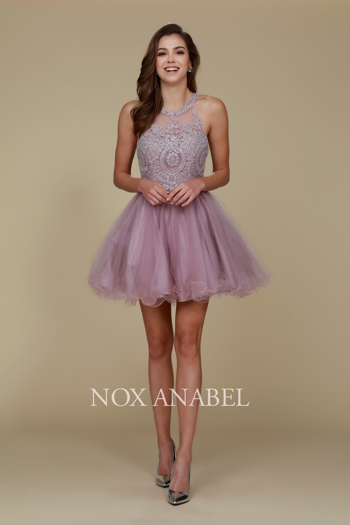 Nox Anabel's B652: Embroidered Lace and Rhinestone Cocktail Dress for Youthful Glamour