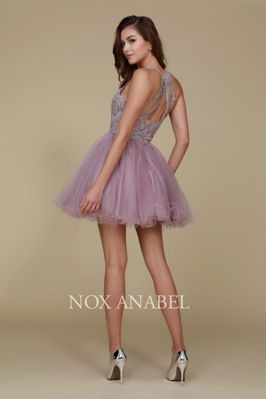 NoxAnabel's B652: Embroidered Lace and Rhinestone Cocktail Dress for Youthful Radiance