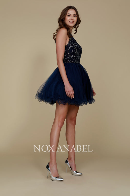 Nox Anabel's B652: Embroidered Lace and Rhinestone Cocktail Dress for Youthful Glamour