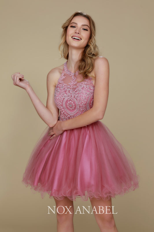 NoxAnabel's B652: Embroidered Lace and Rhinestone Cocktail Dress for Youthful Radiance