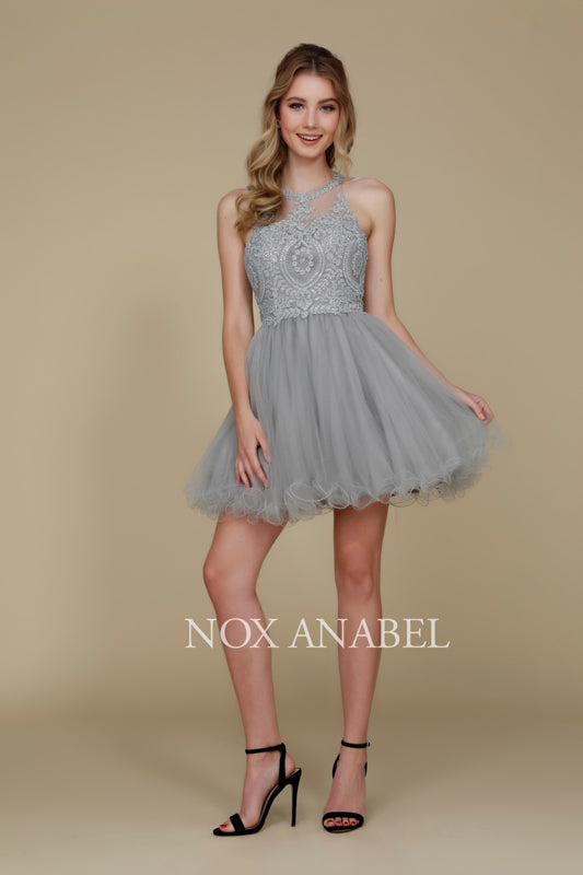 NoxAnabel's B652: Embroidered Lace and Rhinestone Cocktail Dress for Youthful Radiance