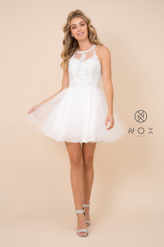 NoxAnabel's B652: Embroidered Lace and Rhinestone Cocktail Dress for Youthful Radiance