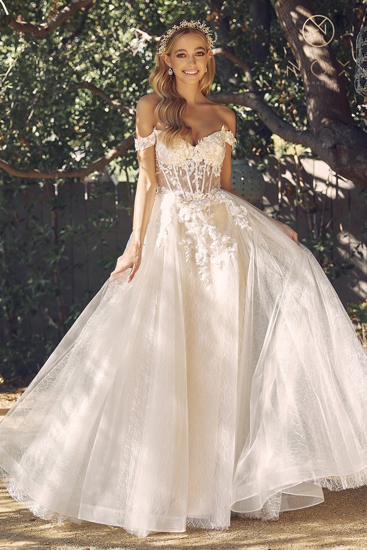 Ethereal Elegance: Off-the-Shoulder Floral Embroidered Gown by Everlasting Elegance