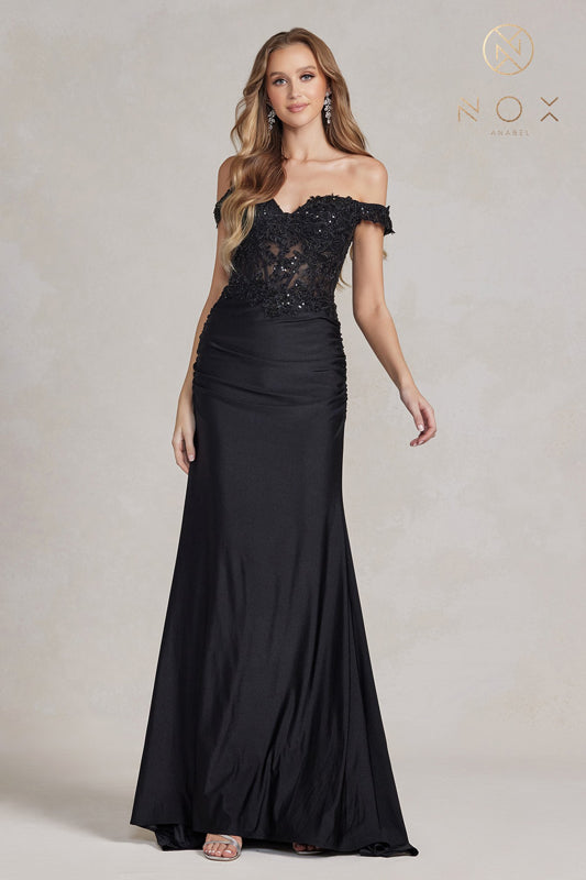 Enchanting Nox Anabel Gown: Sheer Corset Bodice, Off-the-Shoulder Grace