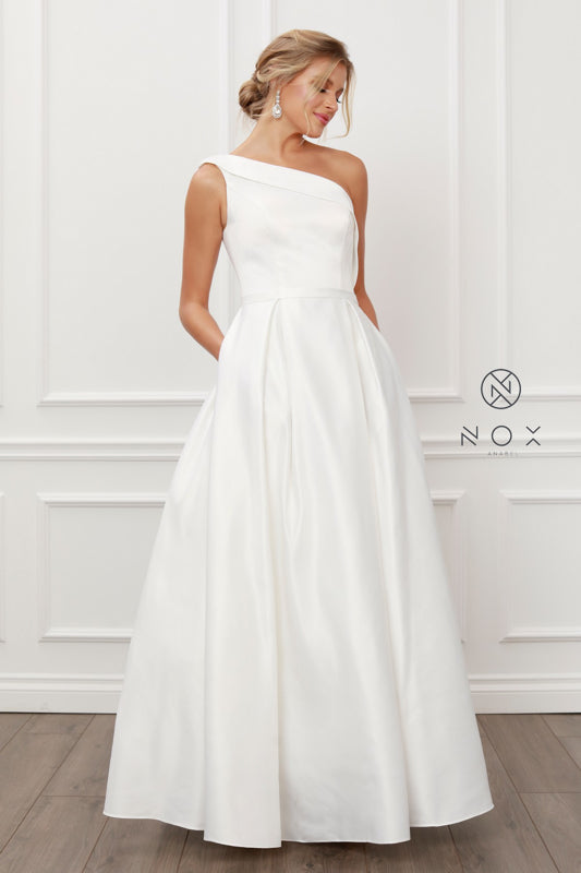 Nox Anabel E469: One-Shoulder A-Line Gown for Unforgettable Elegance