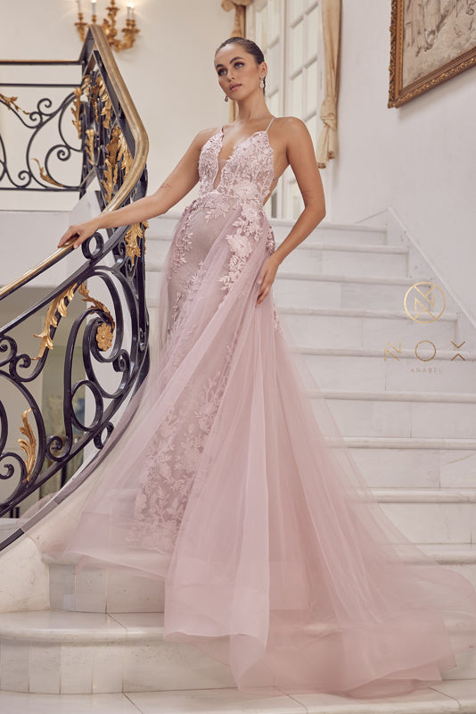 Nox Anabel F485: Embroidered Lace Trumpet Gown for Enchanting Occasions