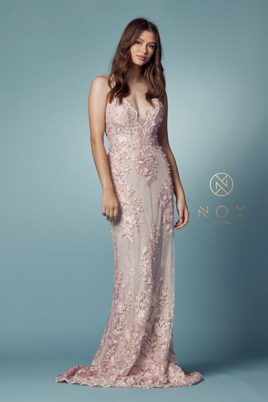 Nox Anabel F485: Embroidered Lace Trumpet Gown for Enchanting Occasions