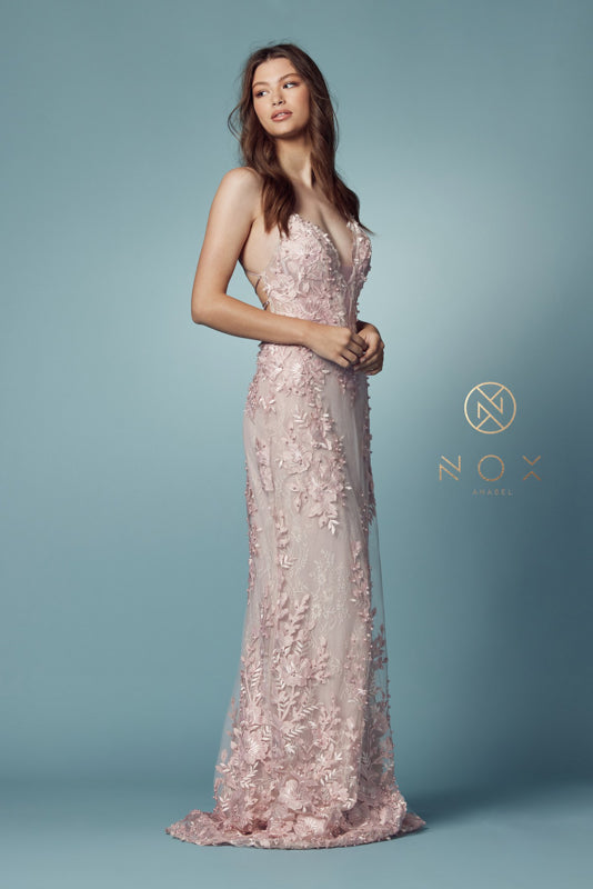 Nox Anabel F485: Embroidered Lace Trumpet Gown for Enchanting Occasions