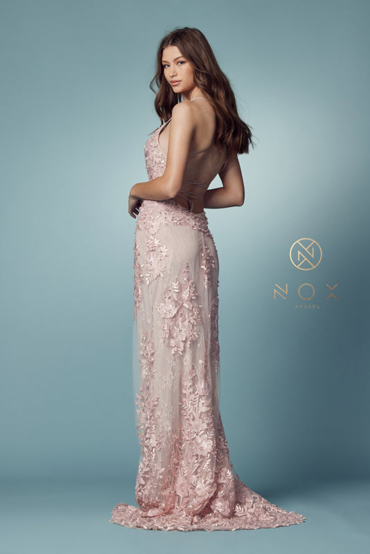 Nox Anabel F485: Embroidered Lace Trumpet Gown for Enchanting Occasions