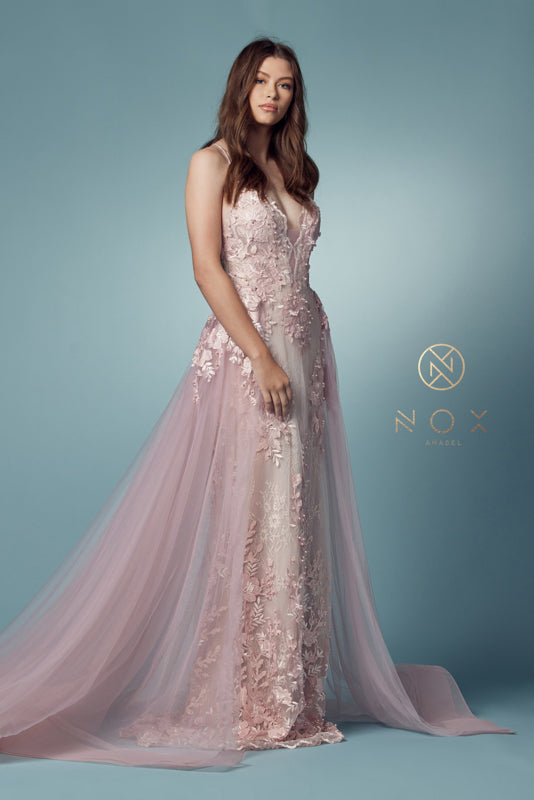 Nox Anabel F485: Embroidered Lace Trumpet Gown for Enchanting Occasions