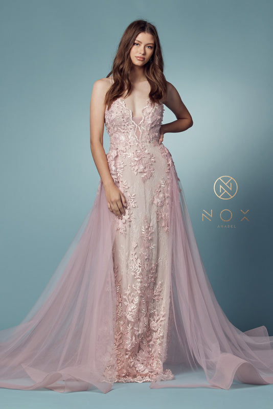 Nox Anabel F485: Embroidered Lace Trumpet Gown for Enchanting Occasions