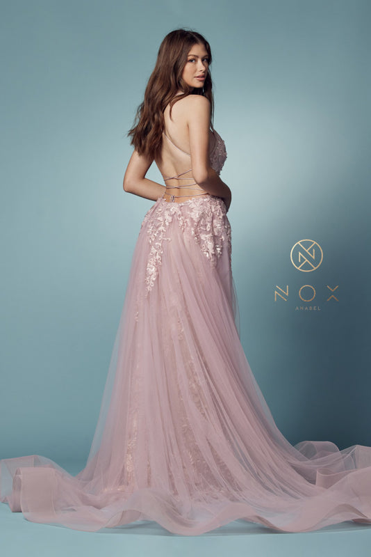 Nox Anabel F485: Embroidered Lace Trumpet Gown for Enchanting Occasions