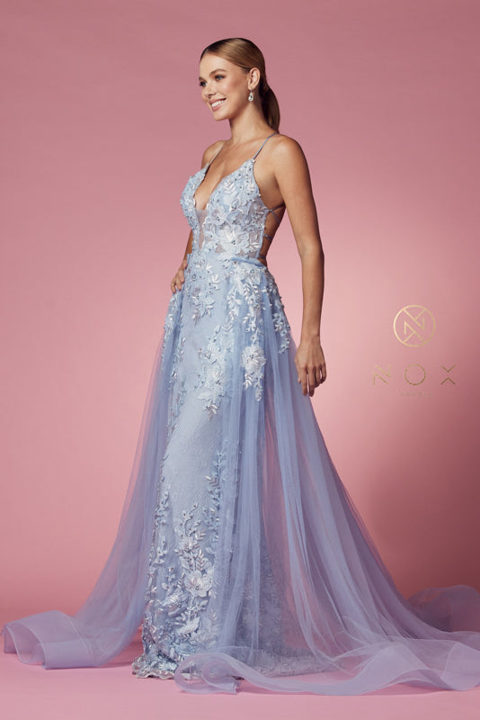 Nox Anabel F485: Embroidered Lace Trumpet Gown for Enchanting Occasions