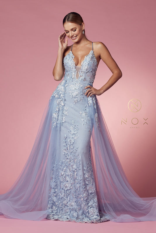 Nox Anabel F485: Embroidered Lace Trumpet Gown for Enchanting Occasions