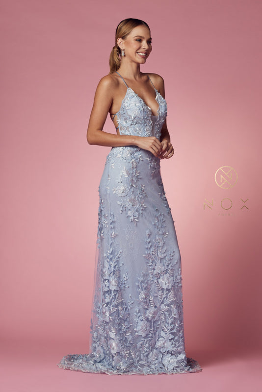 Nox Anabel F485: Embroidered Lace Trumpet Gown for Enchanting Occasions