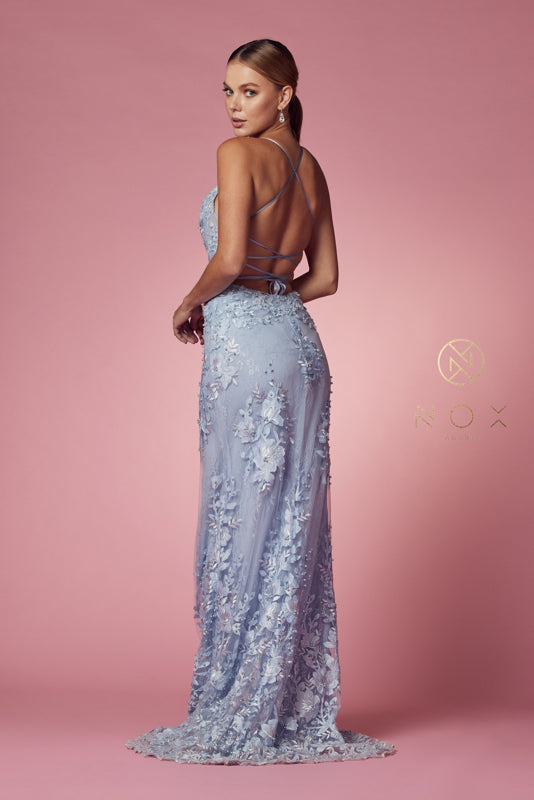 Nox Anabel F485: Embroidered Lace Trumpet Gown for Enchanting Occasions