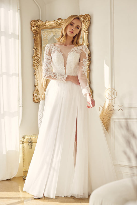 Nox Anabel Bridal: Captivating Floral Embroidered Wedding Gown with V-Back and Sweep Train
