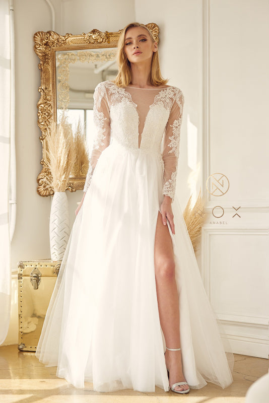 **Nox Anabel Bridal: Embroidered Illusion Bateau Wedding Gown for a Timeless Bridal Vision**