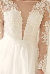 Nox Anabel Bridal: Enchanting Embroidered Wedding Gown with V-Back and Sweep Train