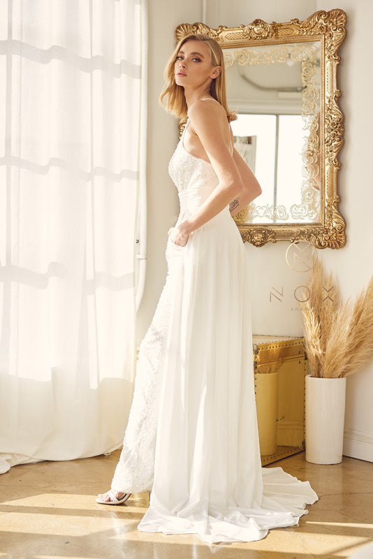 **Nox Anabel Bridal: Shimmering Sequined Jumpsuit with Detachable Overskirt for Unforgettable Moments**