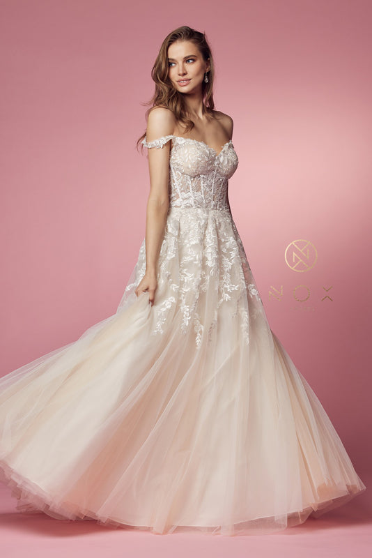 **Nox Anabel Bridal: Enchanting Off-Shoulder Embroidered Gown for Timeless Elegance**