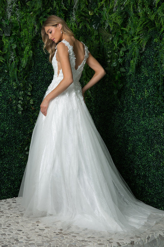 Nox Anabel's V-Neck Floral Appliqued Ballgown: Ethereal Elegance for Your Wedding